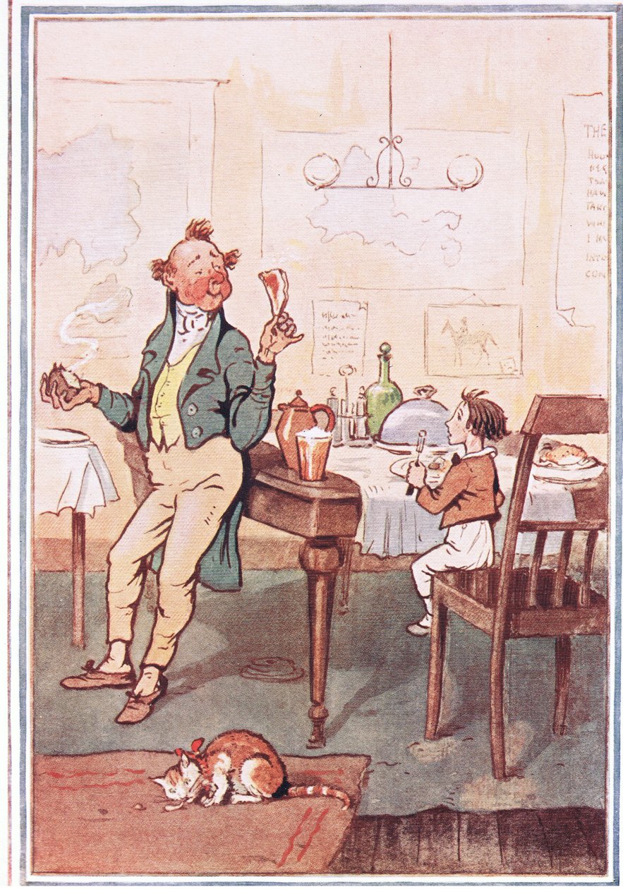 Egyik kezébe egy karajt vett, a másikba pedig egy krumplit, David Copperfield illusztrációja, 1914 alkotó: F. M. B. Blaikie