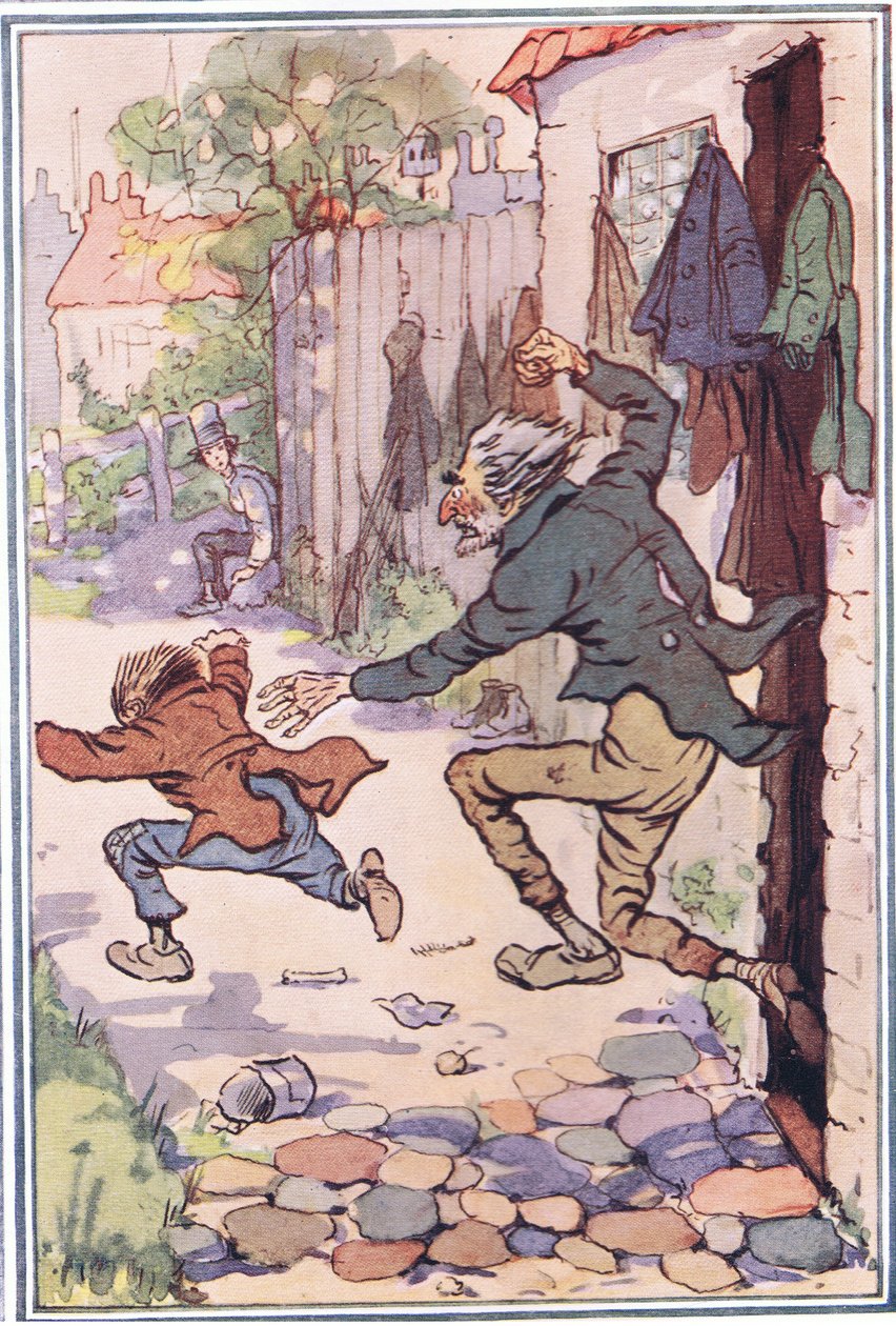 Hed kirohan utánuk a boltból, és repülve küldi őket, illusztráció David Copperfieldtől, 1914 alkotó: F. M. B. Blaikie