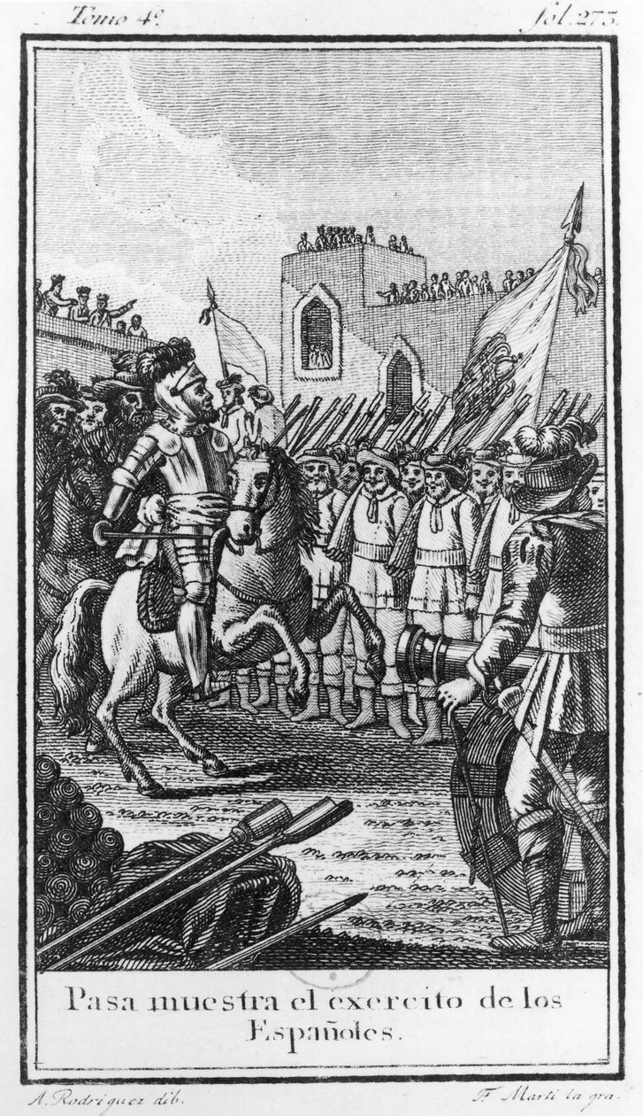 Hernando Cortes (1485-1547) áttekinti csapatait, vésette Antonio Rodriquez alkotó: F. Marti