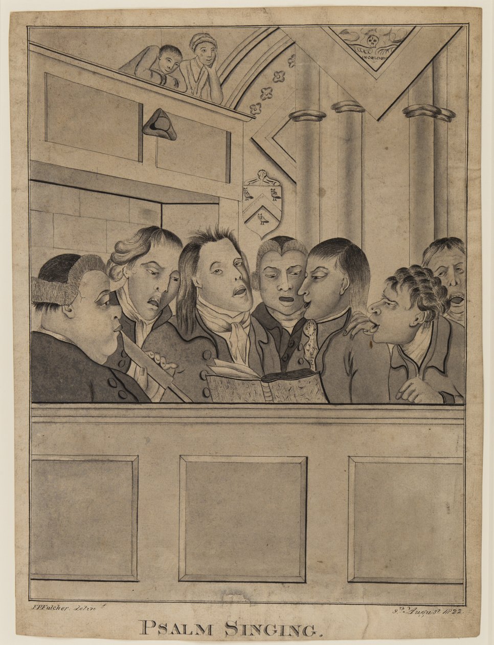 Zsoltáréneklés, 1822. augusztus 9. (toll, ecset és tinta papíron) alkotó: F. P. Fulcher