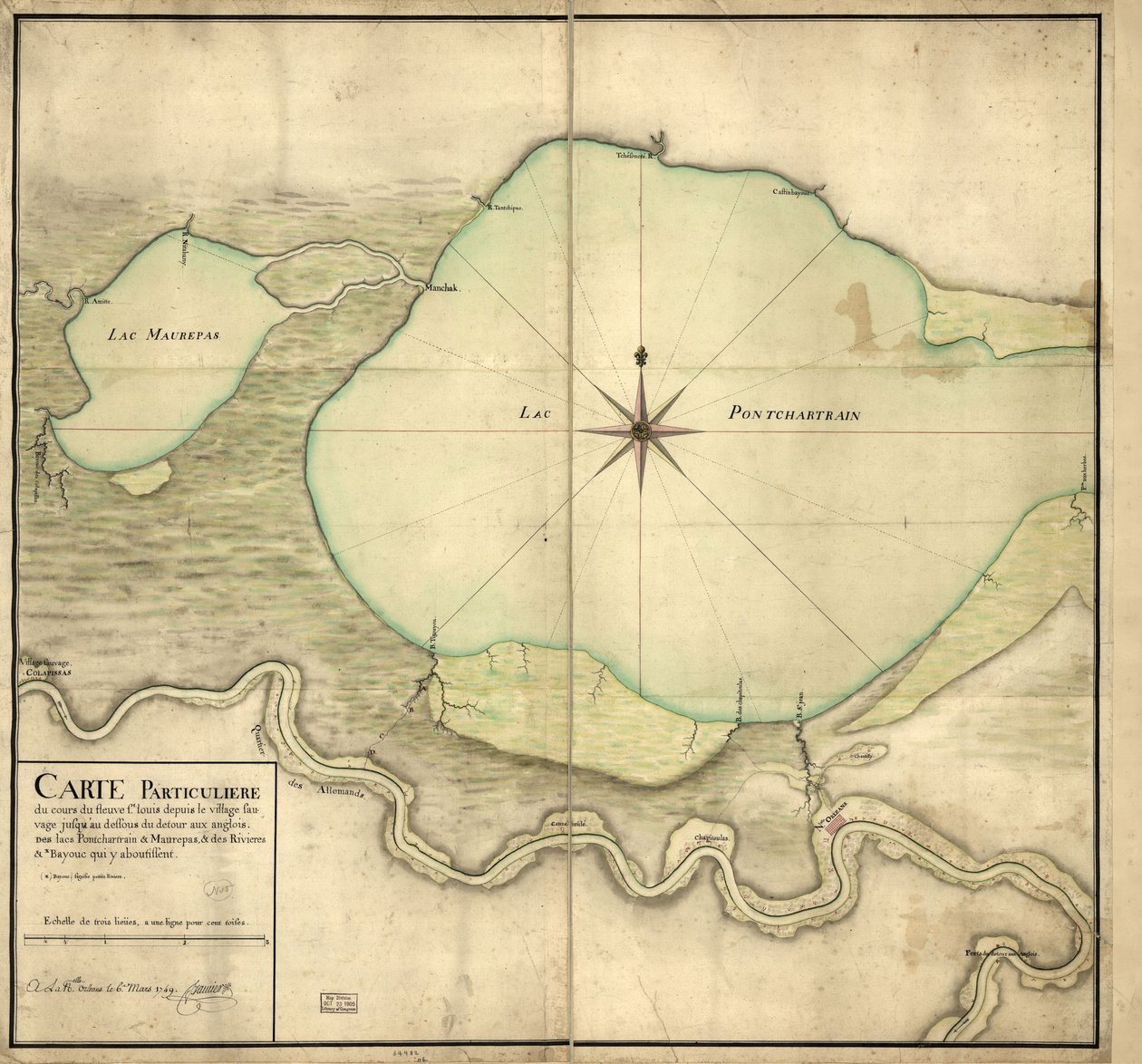 Egyedi térkép a St. Louis folyó folyásáról a vad falutól a Detour aux Angloix, a Pontchartrain és Maurepas tavakig, valamint az oda vezető folyókig és bayoucig alkotó: F. Saucier