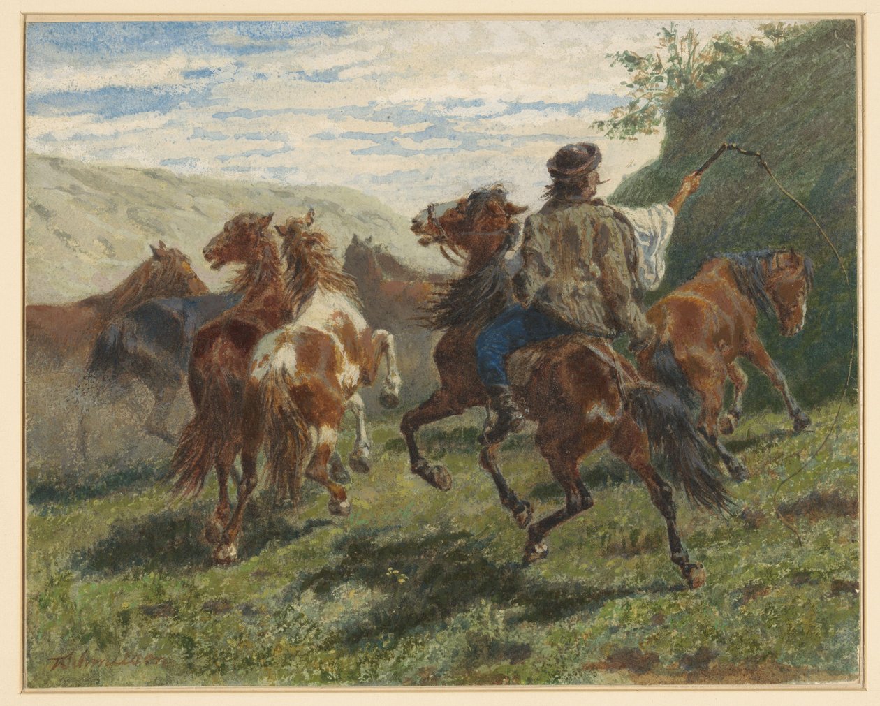 Magyar lovas néhány lovat hajt a háttérbe alkotó: F. Smithson