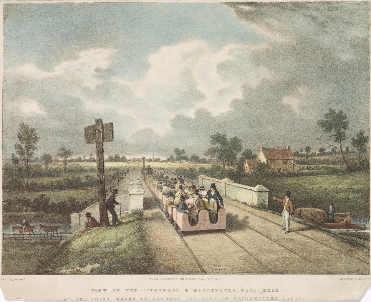 Kilátás a Liverpool és Manchester Rail Roadra a Duke of Bridgewaters-csatornát keresztező ponton, A.B. metszet Clayton, 1831 alkotó: F. after Nicholson