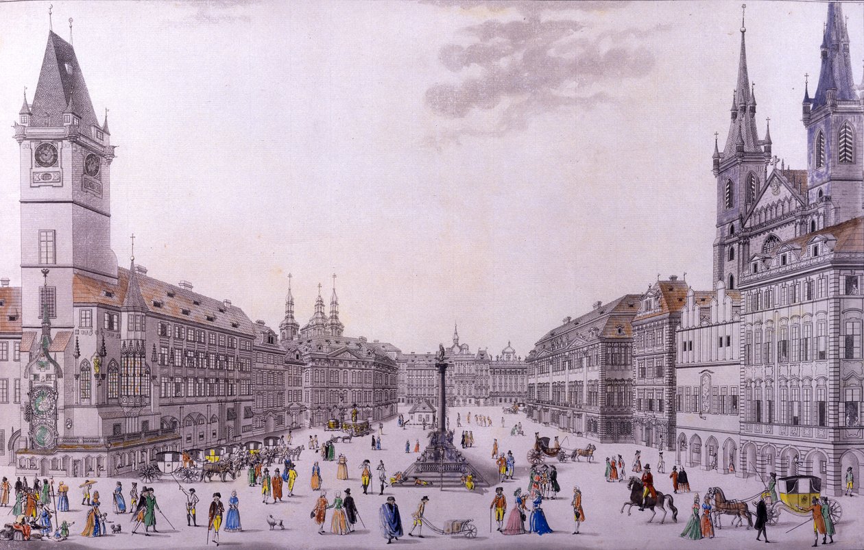 Óváros tér, Prága (színes rézkarc és rézmetszet) alkotó: F. and Heger, P. Heger