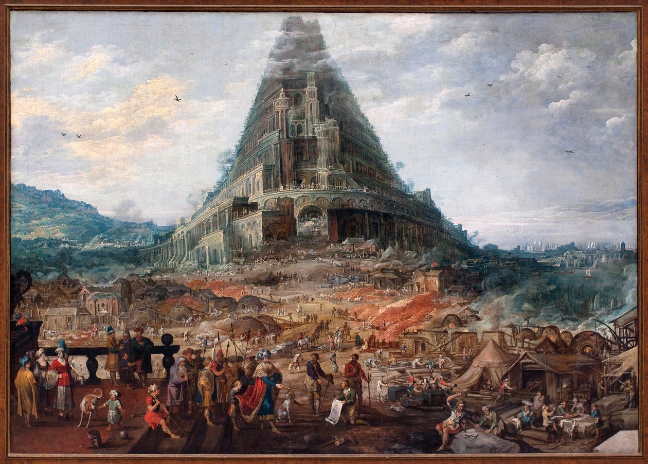 Bábel-torony. II. Joos de Momper (1564-1635) festménye, II. Frans Francken (1581-1642) figurái, olaj, fa. Flamand művészet 17. század. Belga Királyi Szépművészeti Múzeum, Brüsszel. alkotó: F. and Momper J. Francken