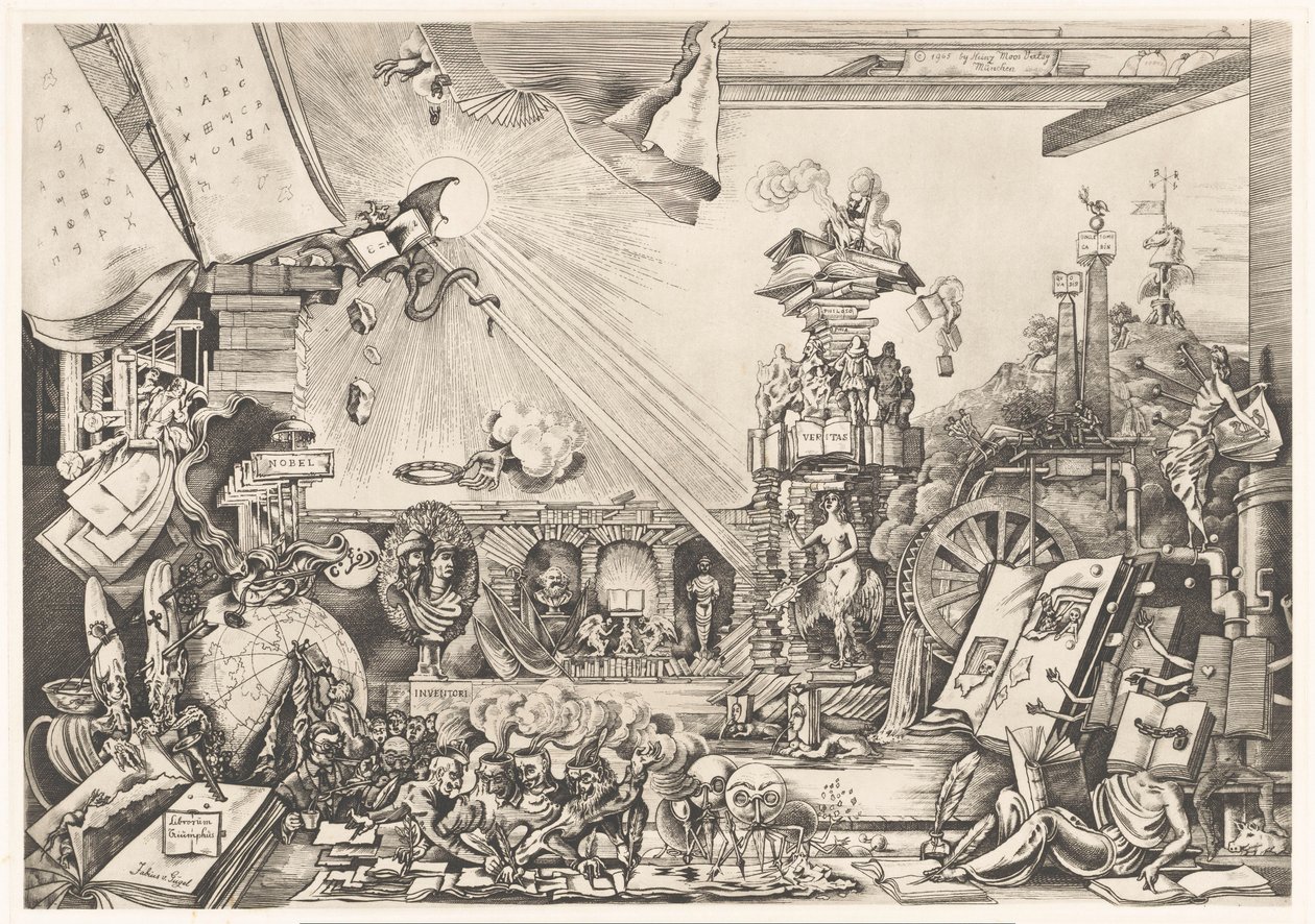 Szürrealista teljesítmény Librorum Triumphus (cím a tárgyon) alkotó: Fabius von Gugel (signed by artist)