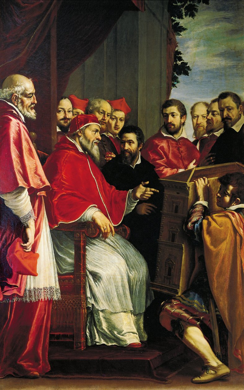 Michelangelo bemutatja a Giulia utcai Rota udvar épületmodelljét III. Julius pápának alkotó: Fabrizio Boschi