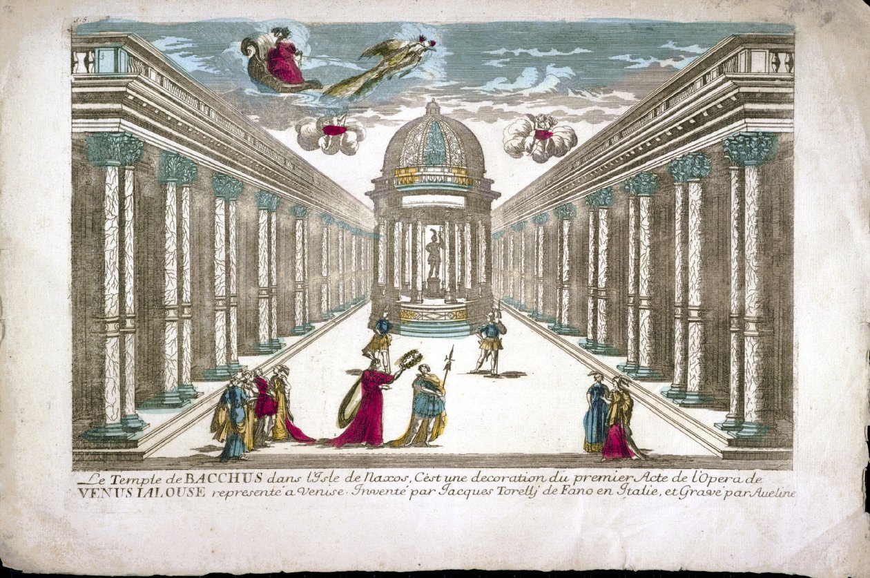 Bacchus temploma Illusztráció Francesco Sacrati "La venere gelosa" (Vénusz féltékeny) című operájának I. felvonásához. A dekorációt Jacopo Torelli készítette alkotó: Family Aveline