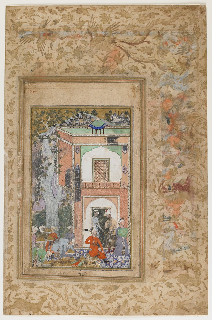 Babur szórakozik Ibrahim Lodi szultán palotájában, 1585 körül (átlátszatlan akvarell és arany papíron) alkotó: Farrukh Beg