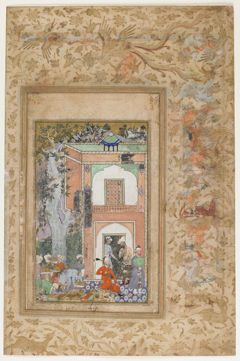 Babur szórakozik az Ibrahim Lodis szultán palotában, a Zahir-al-Din Muhammad Babur Baburnama (Tuzuk-i Baburi) szétszórt másolatának leválasztott fóliója, 1585 körül (wc, tinta és arany papíron) alkotó: Farrukh Beg
