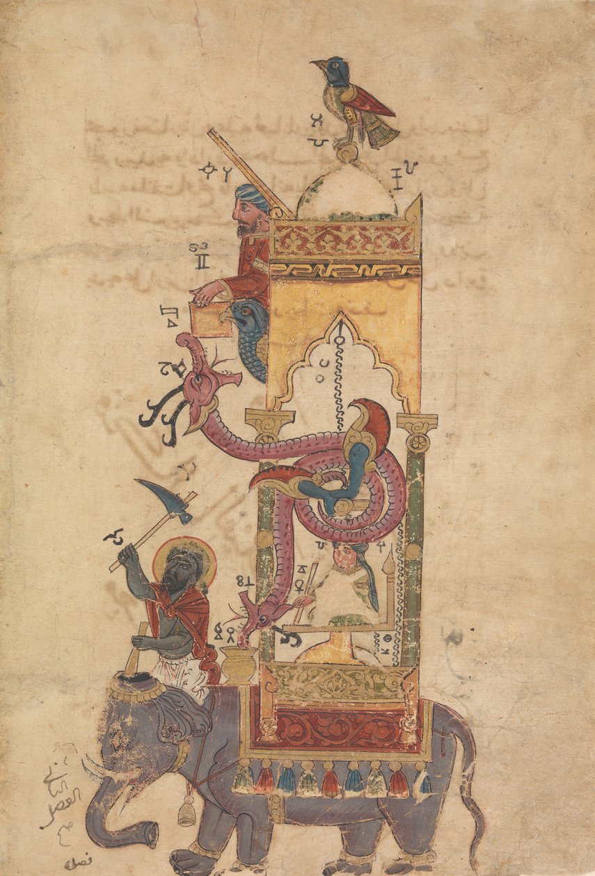 Az elefántóra, fólió a zseniális mechanika tudásának könyvéből..., A.H. 715A.D.1315 alkotó: Farrukh ibn Abd al Latif