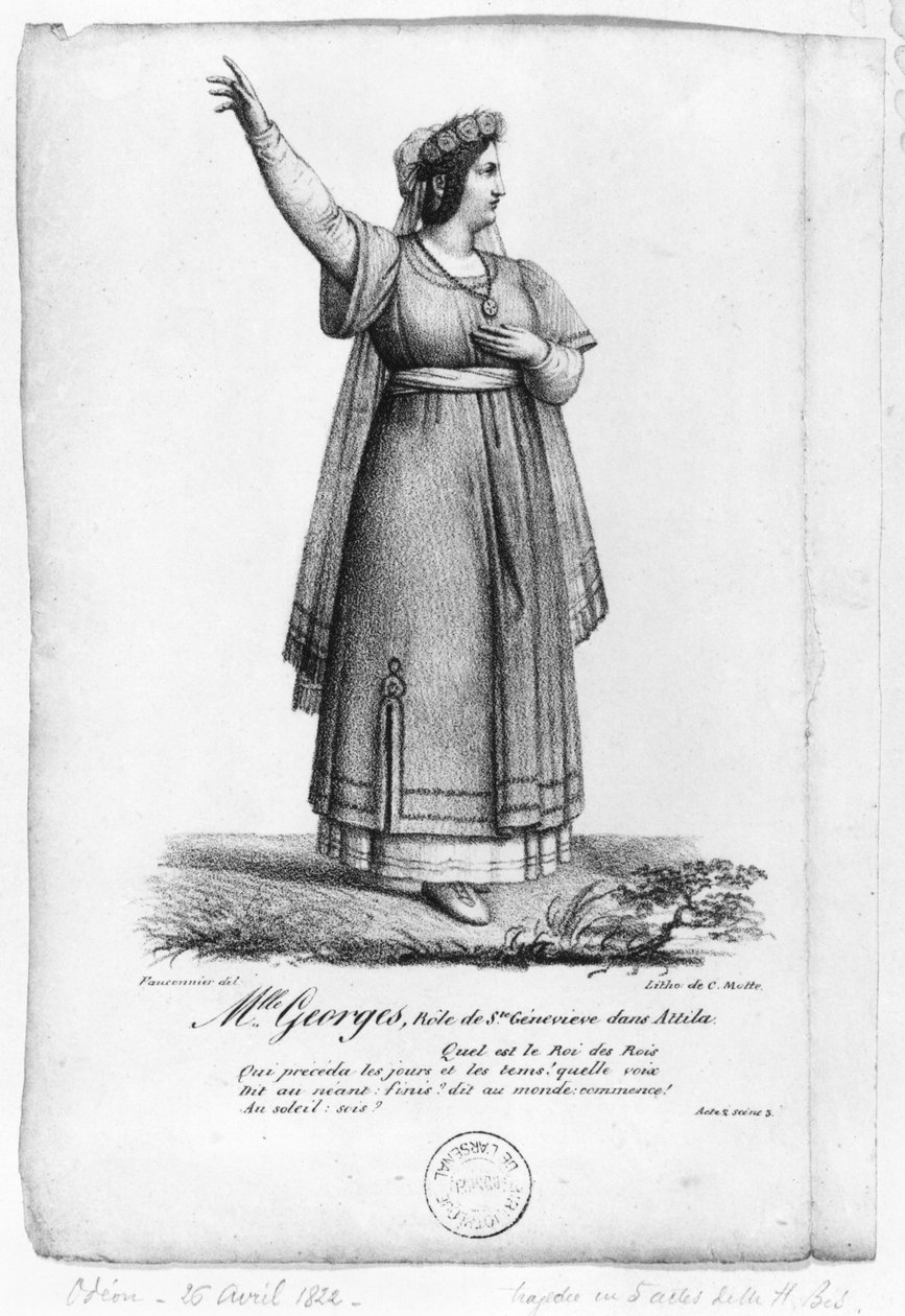 George Mademoiselle Szent Genevieve szerepében a II. felvonásból, Pierre Corneille (1606-84) „Attila” című művének 3. jelenete, Charles Etienne Pierre Motte (1785-1836) metszete 1822 alkotó: Fauconnier