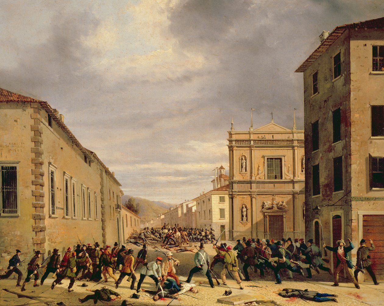 Az 1849. március 21-i csata a bresciai Piazzetta Santa Barnaba-ban alkotó: Faustino Joli