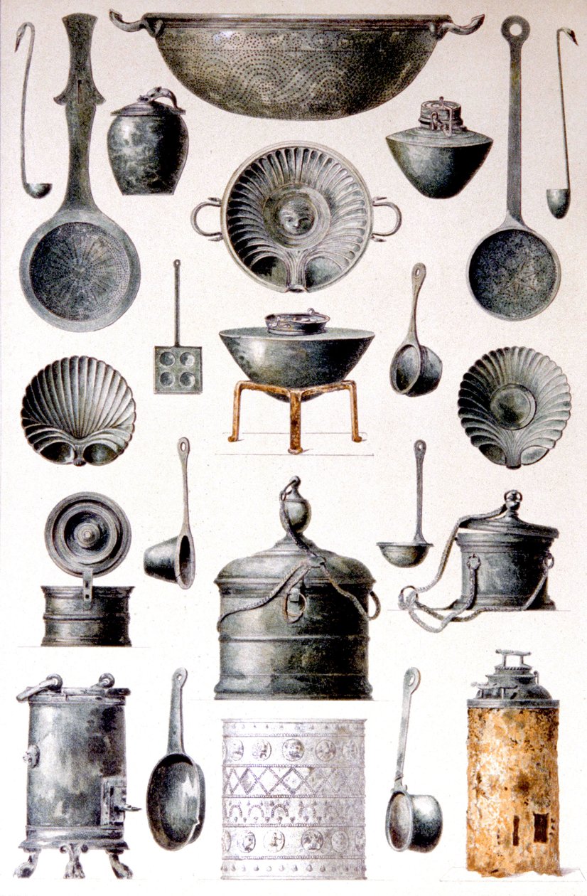 Fausto és Felice Niccolini főzőedényeinek reprodukciója a The Houses and Monuments of Pompeiiből, IV. kötet, melléklet, XVII. tábla alkotó: Fausto and Niccolini Felice Niccolini