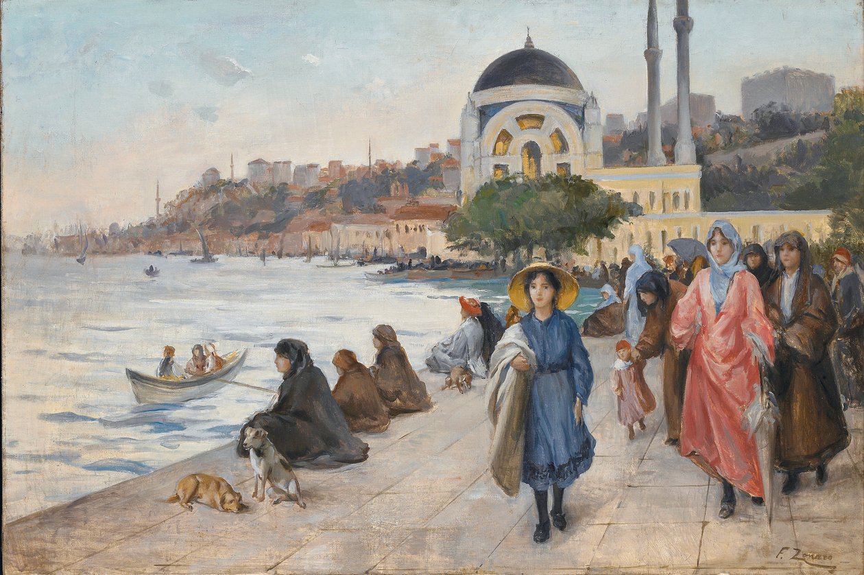 Mafalda a Boszporusz partján, a Dolmabahce mecset a háttérben (olaj, vászon) alkotó: Fausto Zonaro