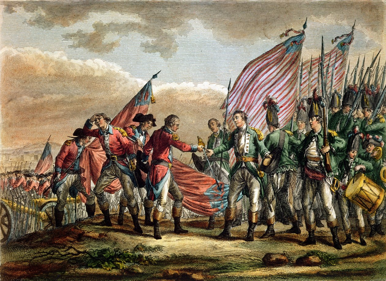 John Burgoyne tábornok megadása a saratogai csatában, 1777. október 7., Godefroy metszetével alkotó: Fauvel