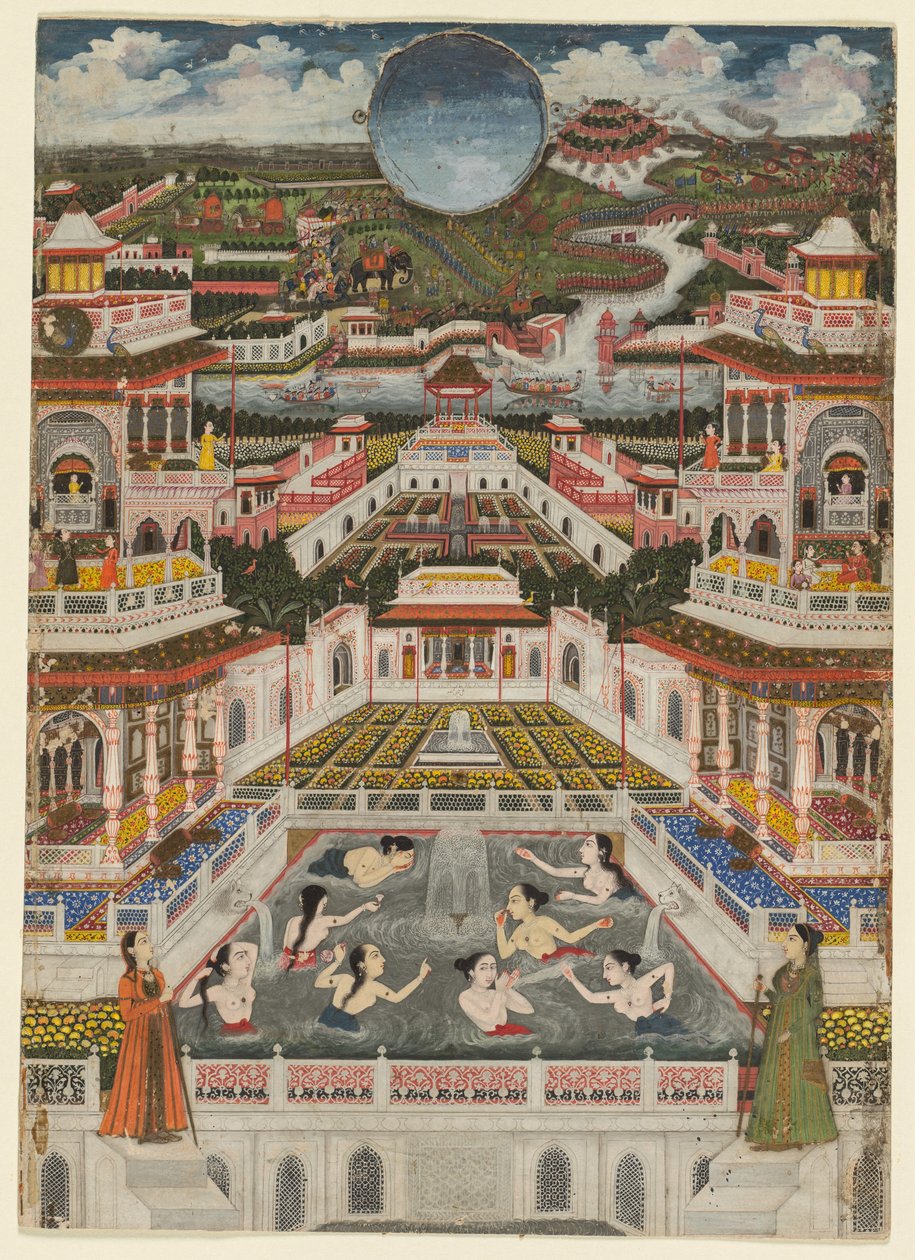 Fürdőző nők egy építészeti panoráma előtt, 1765 körül (fedetlen akvarell és arany, papír) alkotó: Fayzullah Fayzullah