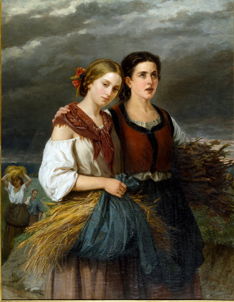 A szántók visszatérése Két fiatal paraszt, akik kötényükben búzacsöveket viselnek, összeáll. Federica Giuliano Gervasoni (1838-1915) festménye 1863 V. 135x105 cm Genes Nervi, Galleria d