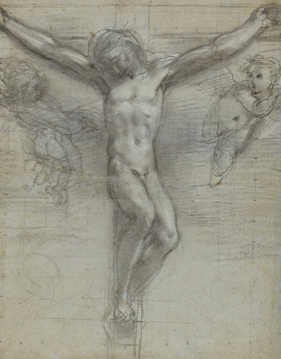 Krisztus a kereszten tanulmánya két angyallal (fekete kréta, fehérrel kiemelve a papíron) alkotó: Federico Barocci