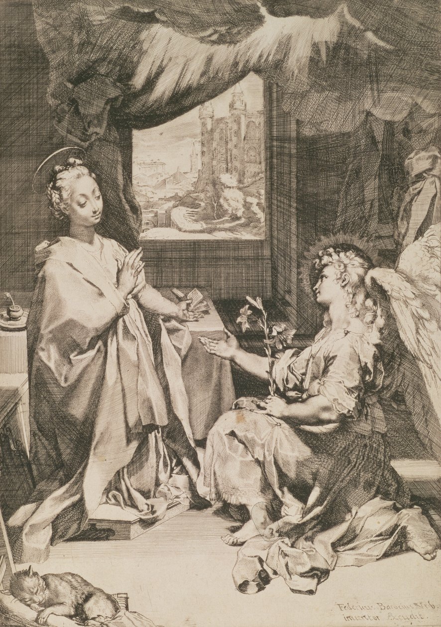 Az Angyali üdvözlet, 1581 körül (szárazhús tűvéséssel) alkotó: Federico Barocci