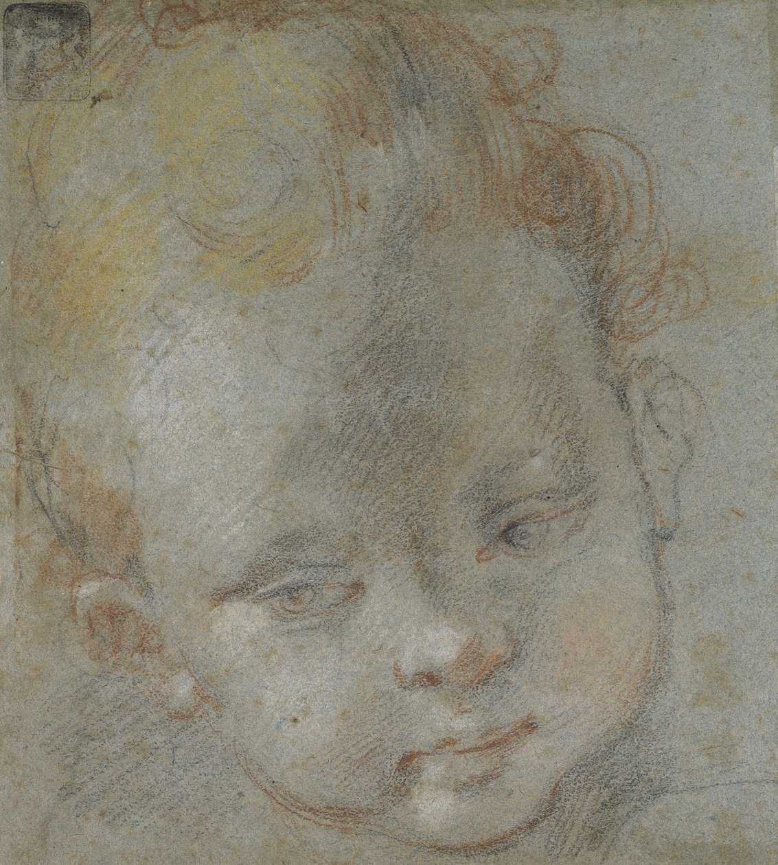 Recto: Gyermekfej (fekete, piros, fehér, rózsaszín és sárga kréta kékesszürke papíron) alkotó: Federico Barocci