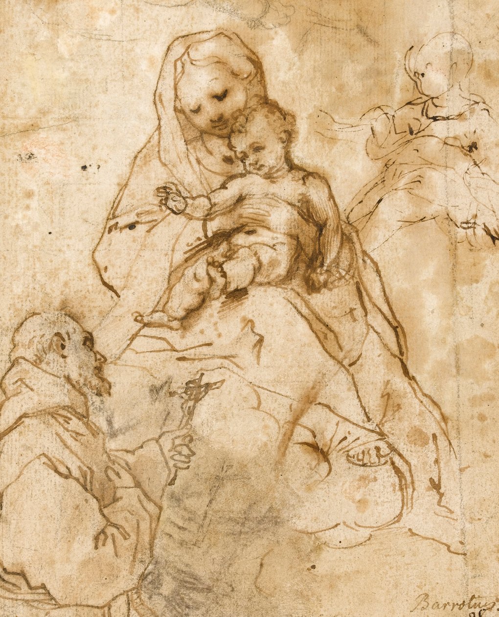 Szűz és gyermek Szent Ferenccel (piros kréta tollal és tintával papíron) alkotó: Federico Barocci