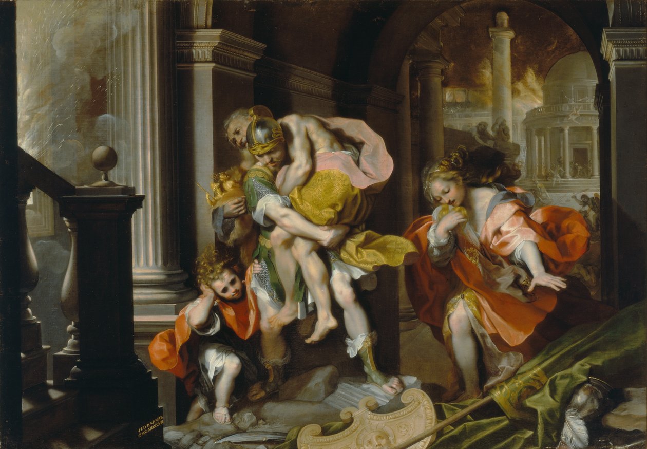 Aeneas és Anchises menekülés Trójából, 1587 körül (toll és tinta és olaj fehér kiemeléssel) alkotó: Federico Fiori Barocci or Baroccio