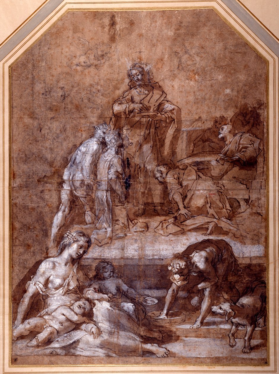 Vallási allegória, a Manna összegyűjtése és az Eucharisztia Intézménye (toll és tinta és kréta mosással, fehérrel kiemelve a papíron) alkotó: Federico Fiori Barocci or Baroccio