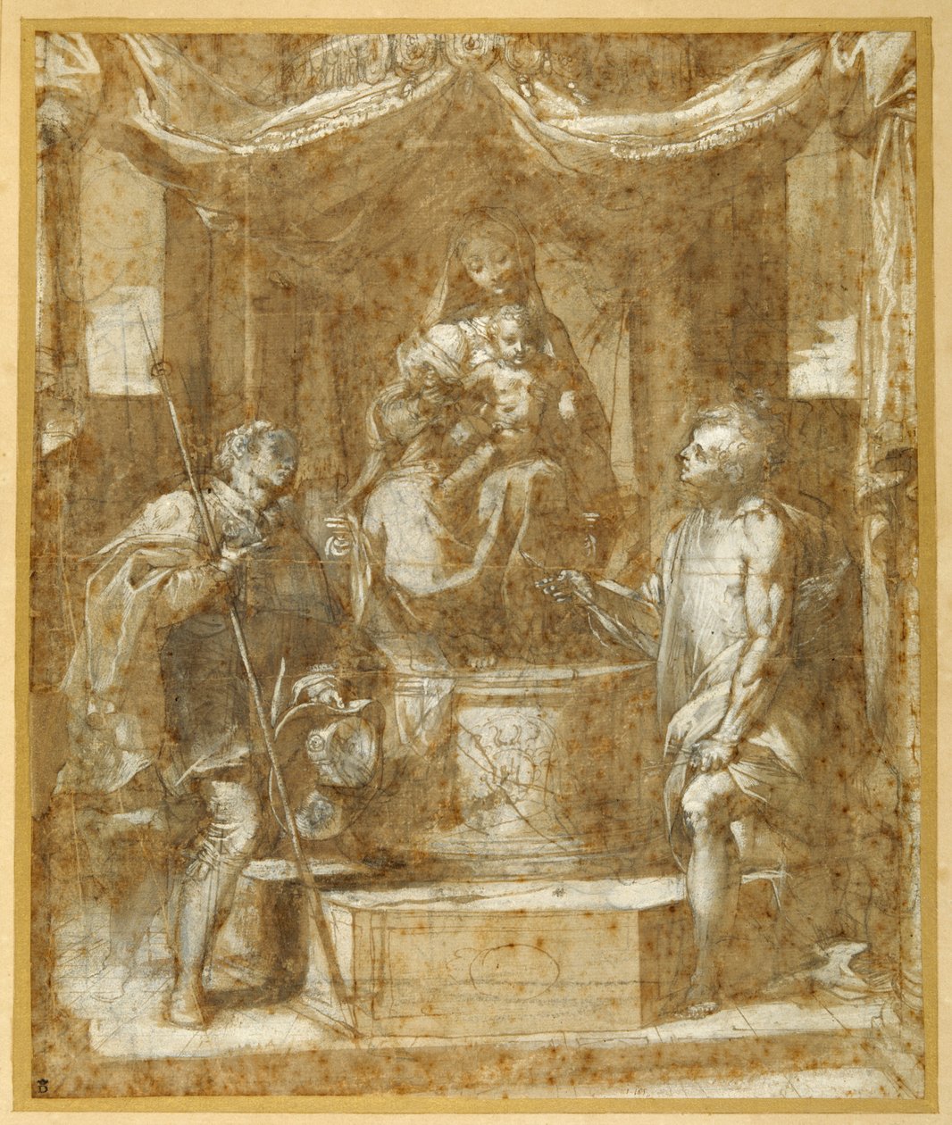 A Szűz és a Gyermek a baldachin alatt trónol Szent Rókussal és Sebastiannal (toll és barna tinta barna mosással és kiemeléssel) alkotó: Federico Fiori Barocci or Baroccio