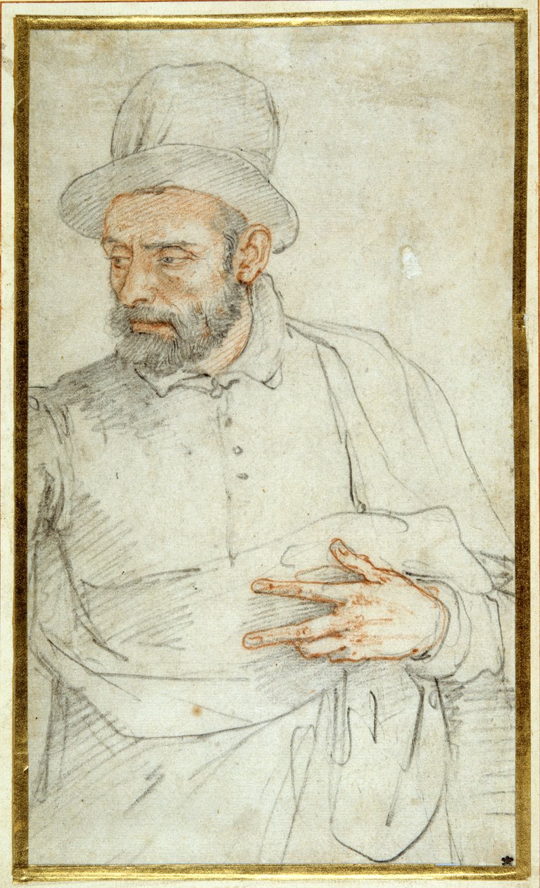 Egy szakállas férfi, félhosszú, utcára öltözve áll (színes kréták papíron) alkotó: Federico Zuccaro