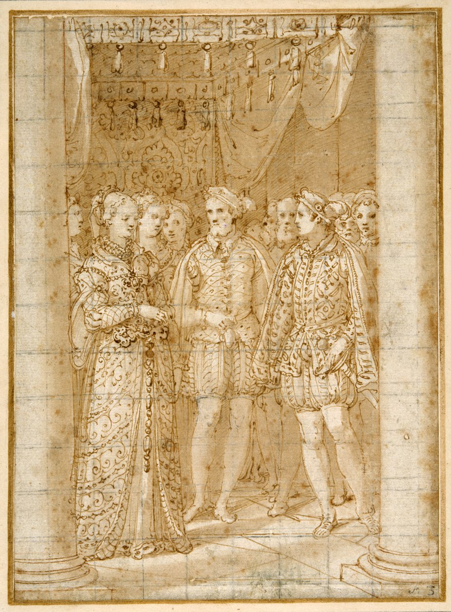 Ottaviano Farnese eljegyzése Pármai Margittal II. Henrik francia jelenlétében (toll és tinta papíron) alkotó: Federico Zuccaro
