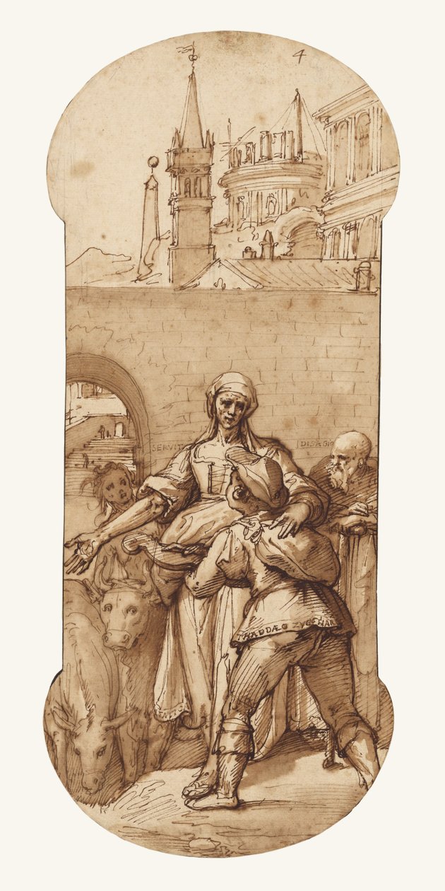 Taddeo Róma bejáratánál, akit fáradság, szolgaság és nehézségek, valamint engedelmesség és türelem fogad (a szamár és az ökör). alkotó: Federico Zuccaro