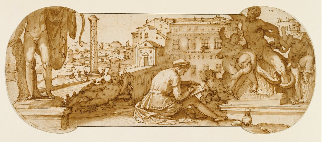 Taddeo a Vatikáni Belvedere udvarban, a Laocoön rajzolása alkotó: Federico Zuccaro