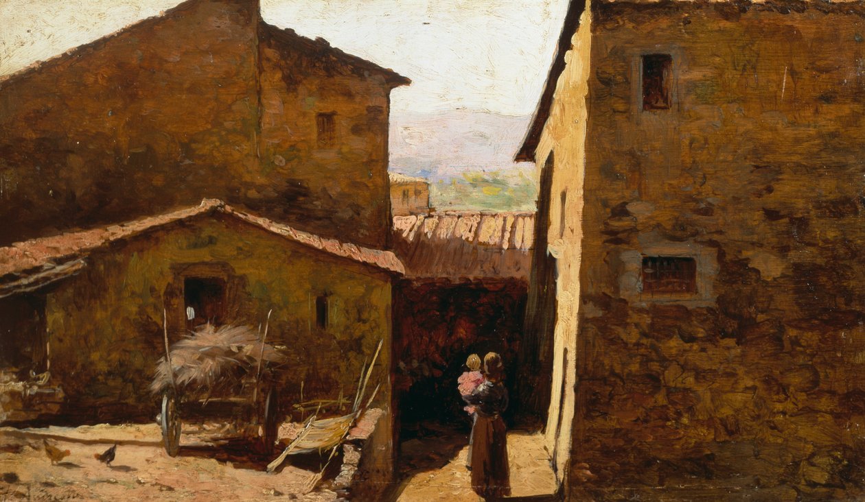 Rusztikus toszkán parasztházak, Federico Andreotti (1847-1930), olaj, panel alkotó: Federigo Andreotti