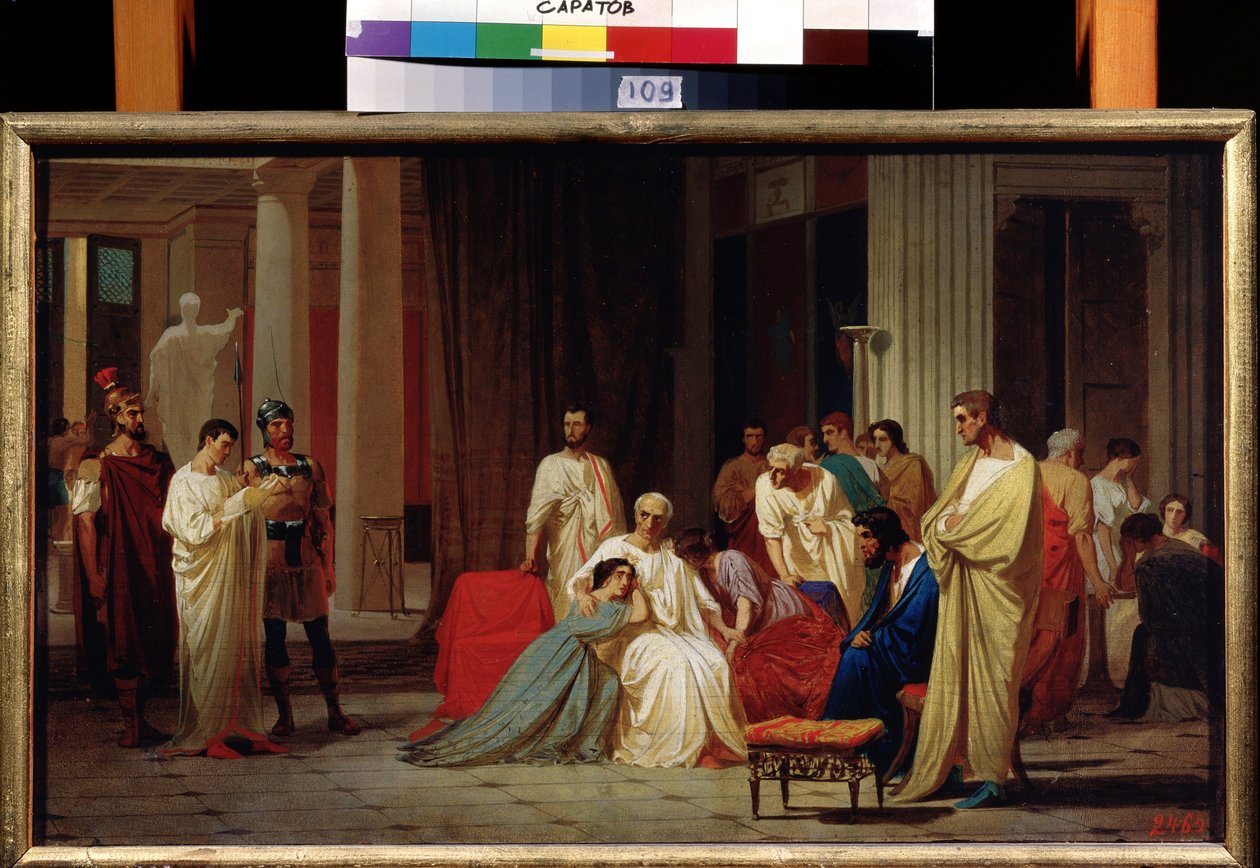 ""Publius Clodius Thrasea Paetus római szenátor halálos ítéletének felolvasása i.sz. 66-ban"" Feodor Andrejevics Bronnikov (1827-1902) festménye 19. századi Állami A. Radiscsev Művészeti Múzeum, Szaratov alkotó: Fedor Andreevich Bronnikov