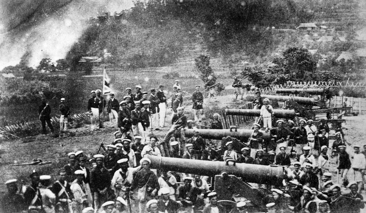 Nagy-Britannia, Amerika, Franciaország és Hollandia egyesített flottája a japán Shimonoseki ütegerődjeit elfoglalva, 1864 alkotó: Felice Beato