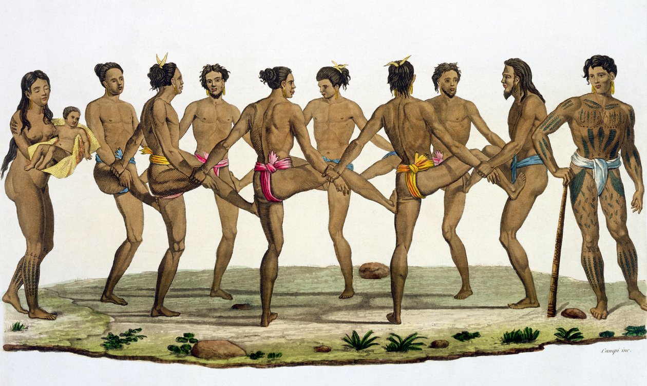 A Caroline Islanders tánca, Jules Ferrario „Le Costume Ancien et Moderne” 22. lemeze, megjelent az 1820-as és 30-as évek körül alkotó: Felice Campi