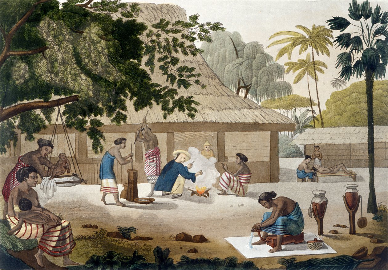 Háztartási élet Kupangban, Timor, 10. tábla Jules Ferrario "Le Costume Ancien et Moderne" című művéből, kiadva az 1820-30-as években. alkotó: Felice Campi