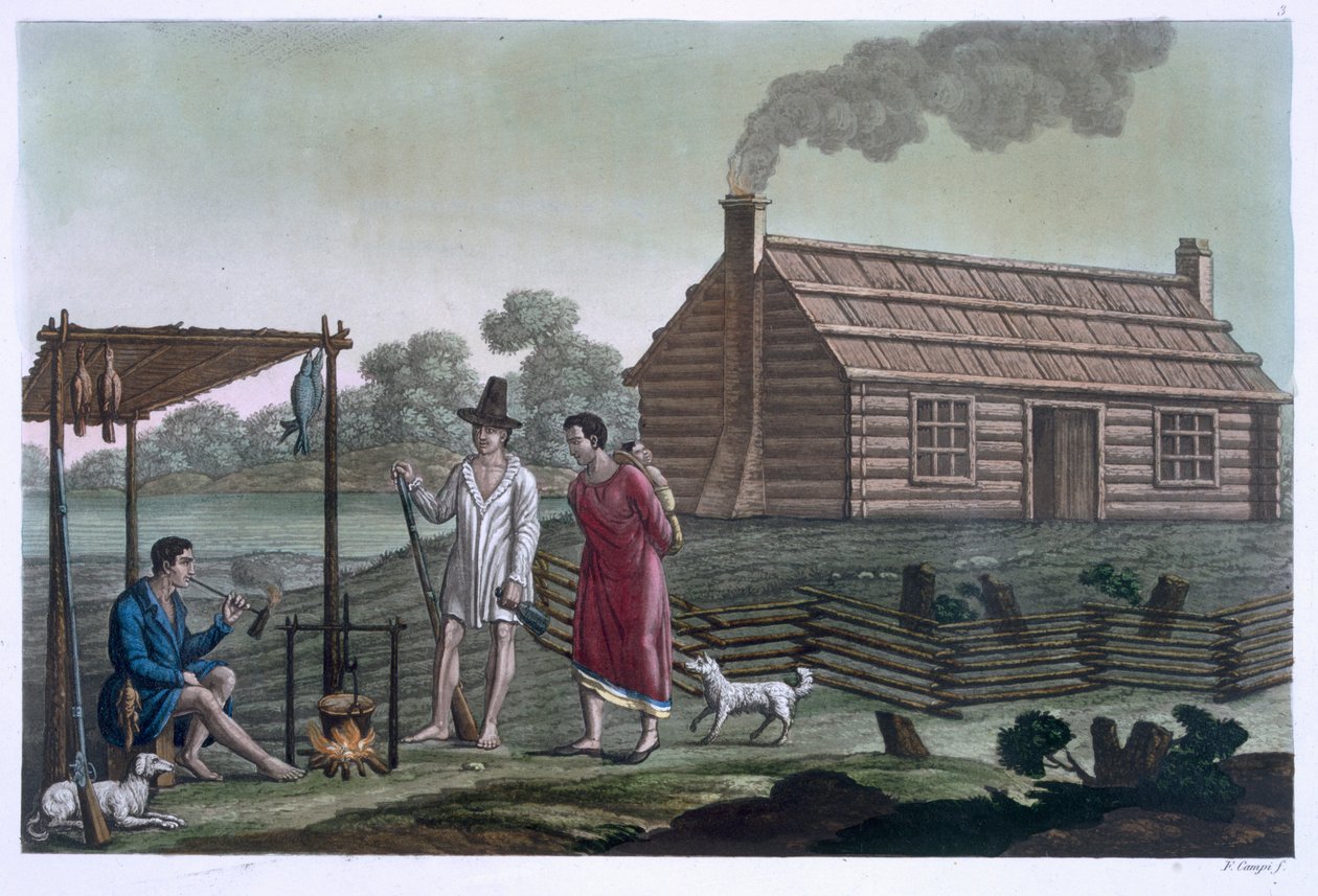 Osage település a Missouri folyó közelében, a „Le Costume Ancien et Moderne”, 1. vagy 2. kötet, 3. lemez, Jules Ferrario, kiadva az 1820-as és 30-as évek körül alkotó: Felice Campi
