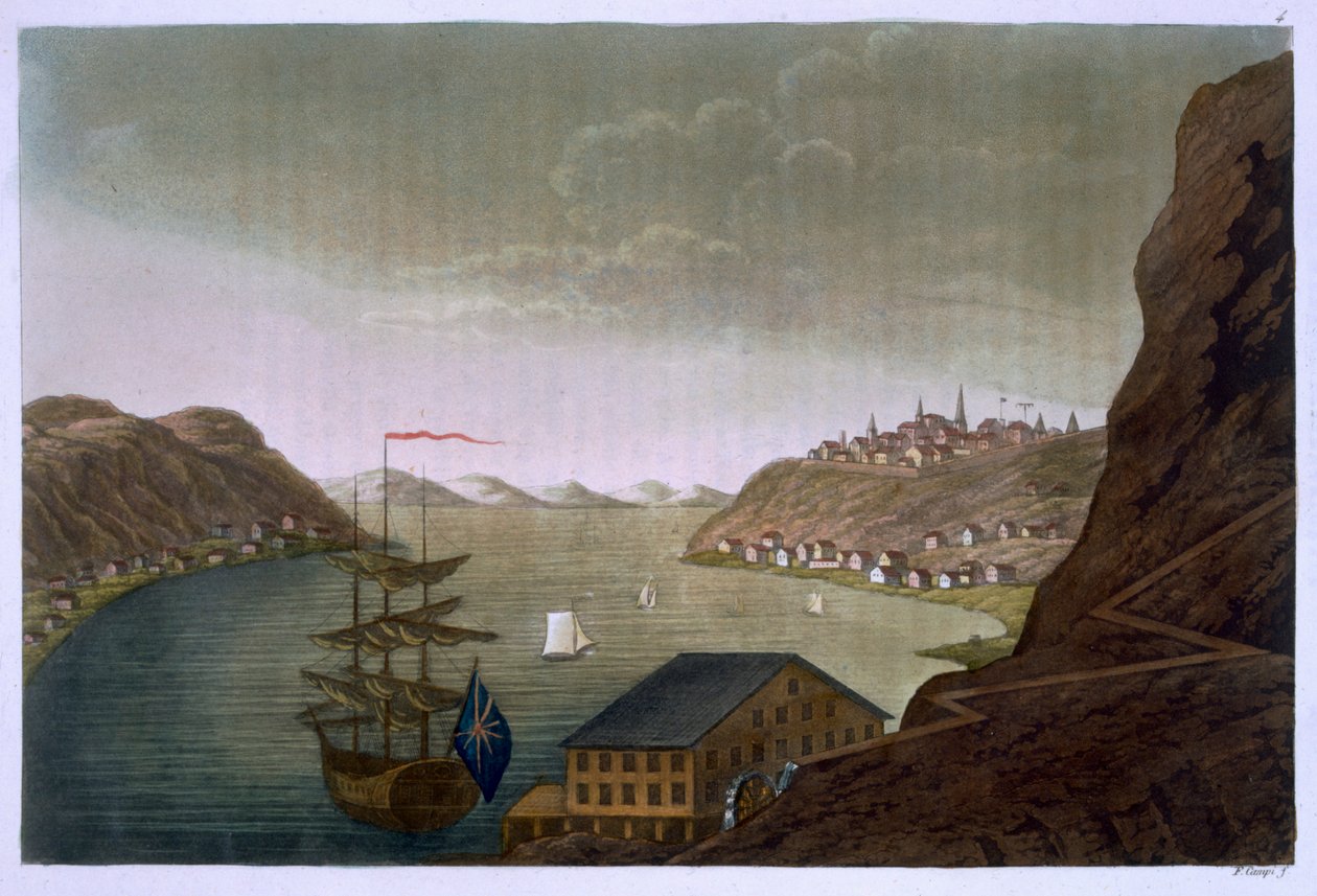 Quebec és a Szent Lőrinc-folyó, 4. tábla a "Le Costume Ancien et Moderne", 1. kötetből, Jules Ferrario, 1820-30-as évek körül jelent meg. alkotó: Felice Campi