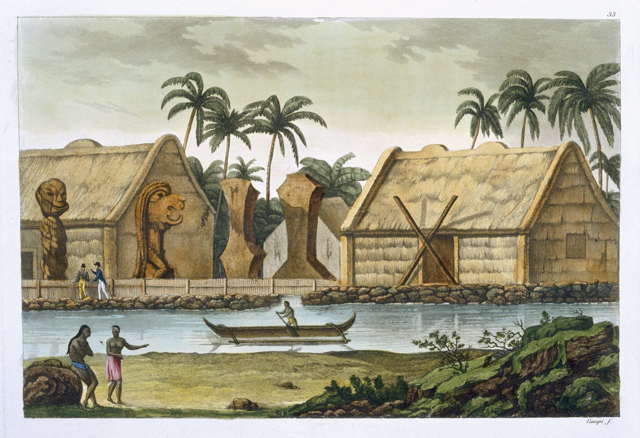 Tamahamah sírja Kaiakakooa-ban, Sandwich Islands, Jules Ferrario „Le Costume Ancien et Moderne” 33. táblája, az 1820-as és 30-as évek körül megjelent alkotó: Felice Campi
