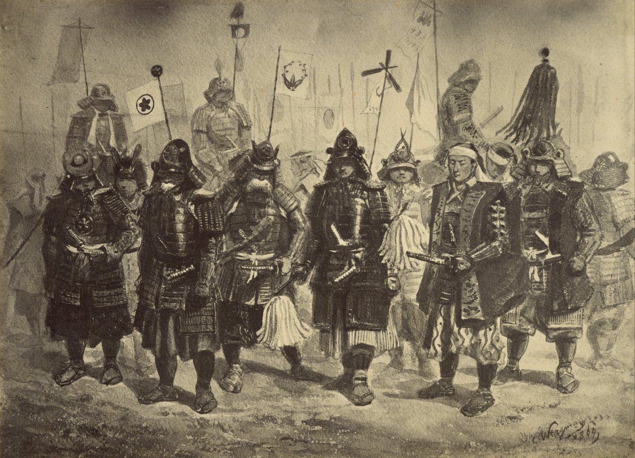 Charles Wirgman japán harcosokat ábrázoló rajzának fényképmásolata alkotó: Felice Beato