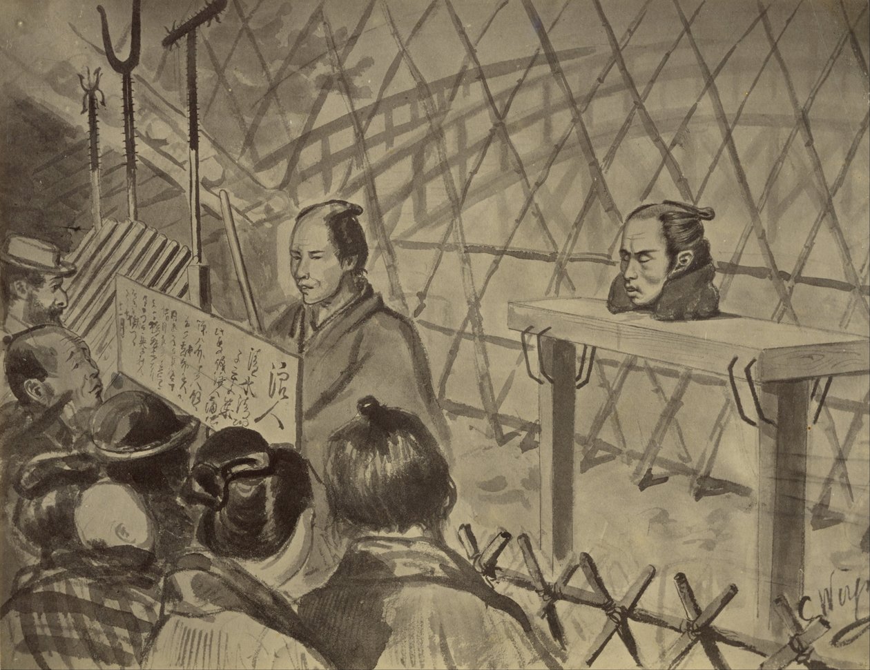 Fényképmásolata Charles Wirgman fejének rajzának egy lefejezett férfi asztalán alkotó: Felice Beato
