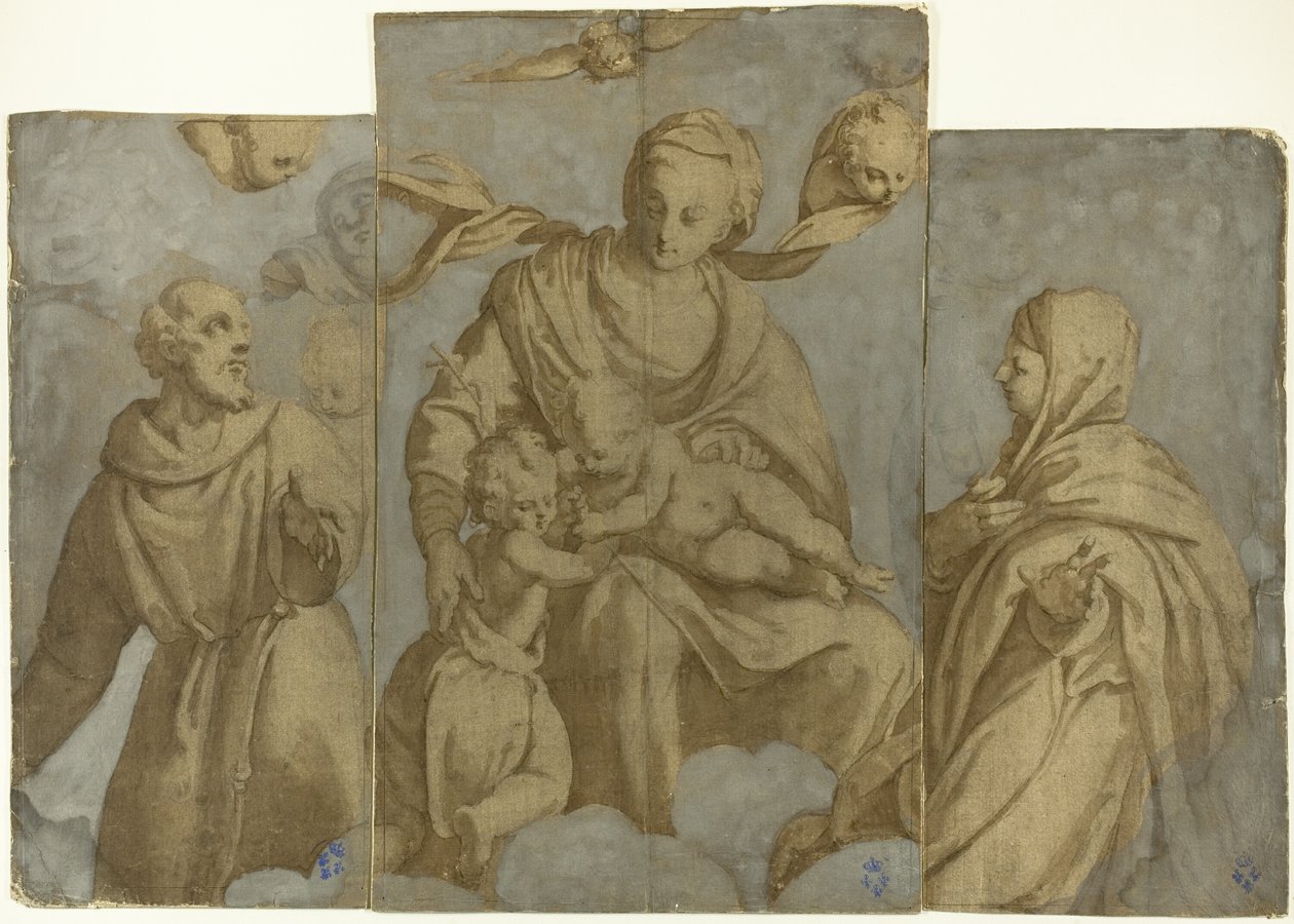 Szűz Mária és a Gyermek Keresztelő Szent János csecsemővel, valamint Assisi Szent Ferenc és Klára szentek. alkotó: Felice Brusasorci