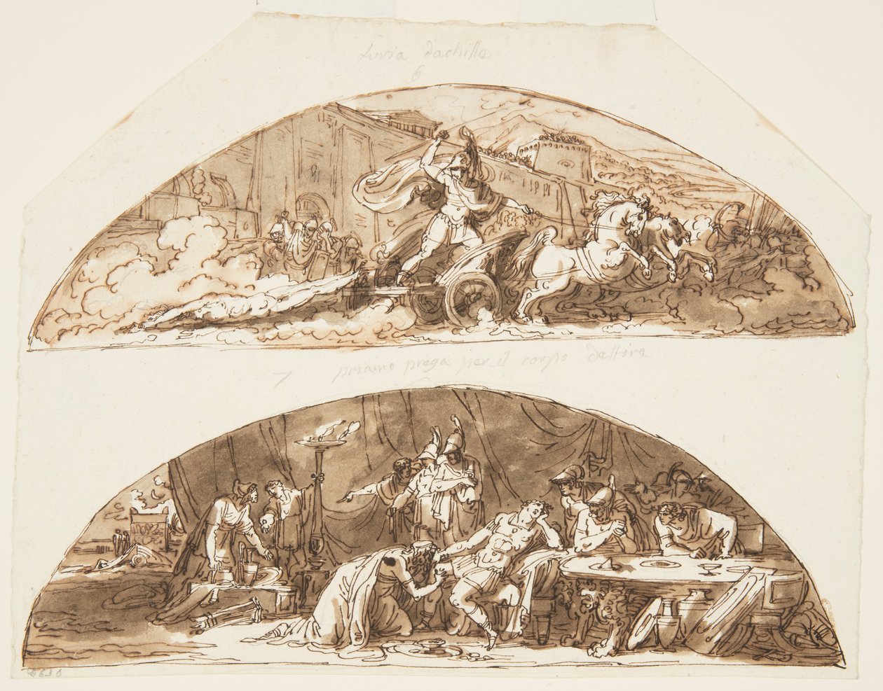Achilles vonzza Hektor testét Trója falai köré, Priamosz Hektor testéért könyörög, Mennyezeti tervek a Galleria di Achille számára, Palazzo Milzetti, Faenza, Olaszország alkotó: Felice Giani