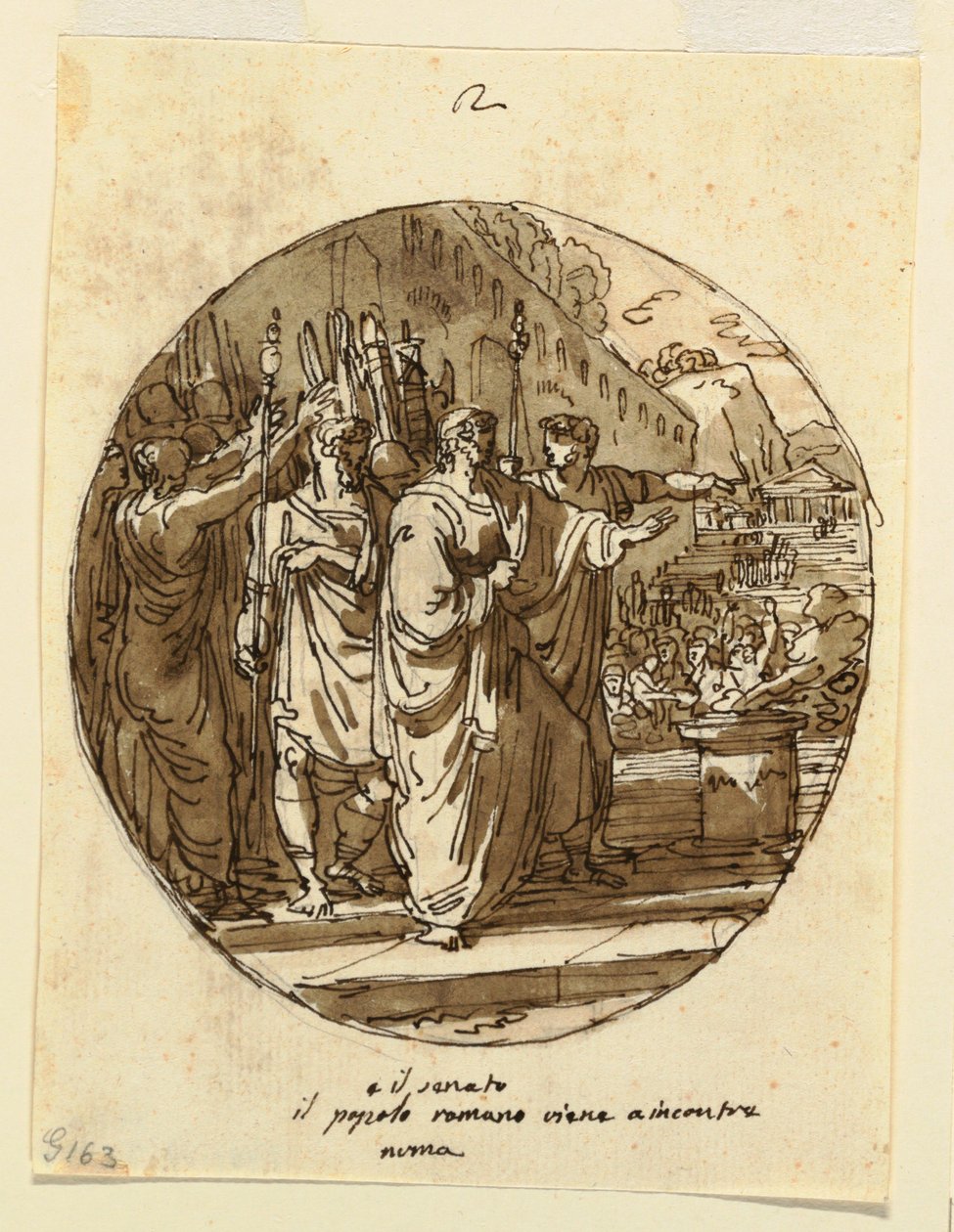 Mennyezettervezés Numa Pompilius számára Üdvözöljük Rómában a megválasztása után, Numa Pompilius Hall, Palazzo Milzetti, Faenza alkotó: Felice Giani