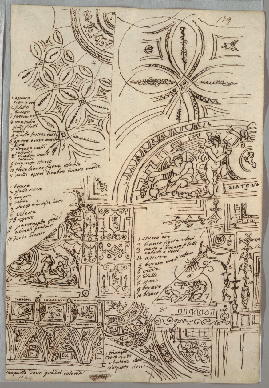 Mennyezeti dekoratív tanulmányok groteszktel; Studies of Monument with Pápai Seale, Sisto V alkotó: Felice Giani