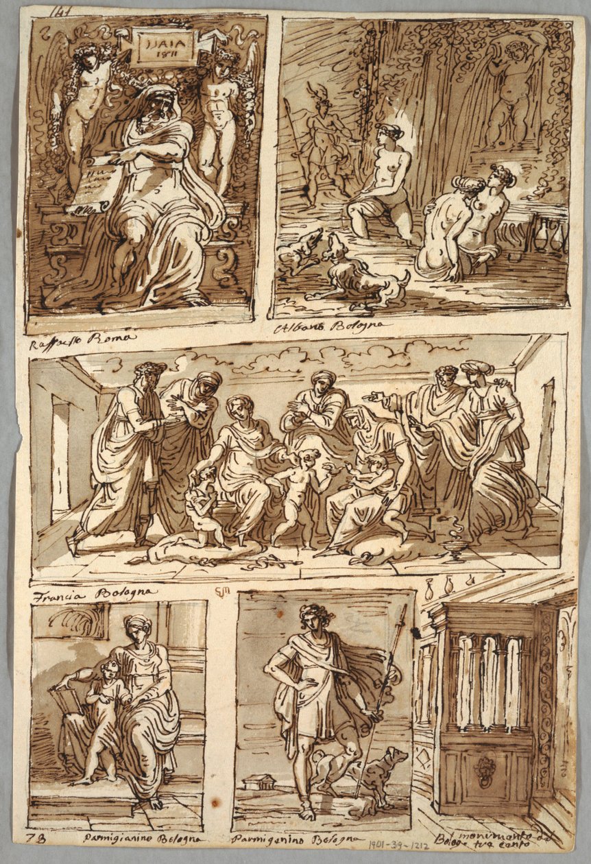 Design after Paintings by Raphael és Paintings in Bologna by Albani, Francia, Parmigianino; Monument Verso: Anatómiai tanulmány alkotó: Felice Giani