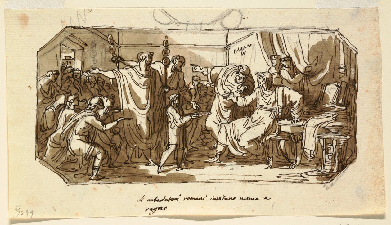 Rajz, mennyezeti kialakítás: Numa Pompilius római nagykövetet kérik fel Róma uralmára, Sala di Numa Pompilio, Palazzo Milzetti, Faenza, 1802-05. alkotó: Felice Giani