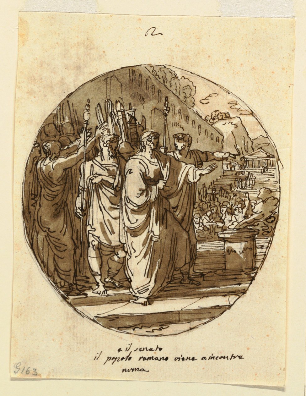 Rajz, mennyezeti terv Numa Pompilius Rómába való megválasztása utáni üdvözlése, Sala di Numa Pompilio, Palazzo Milzetti, Faenza, 1804-05 alkotó: Felice Giani